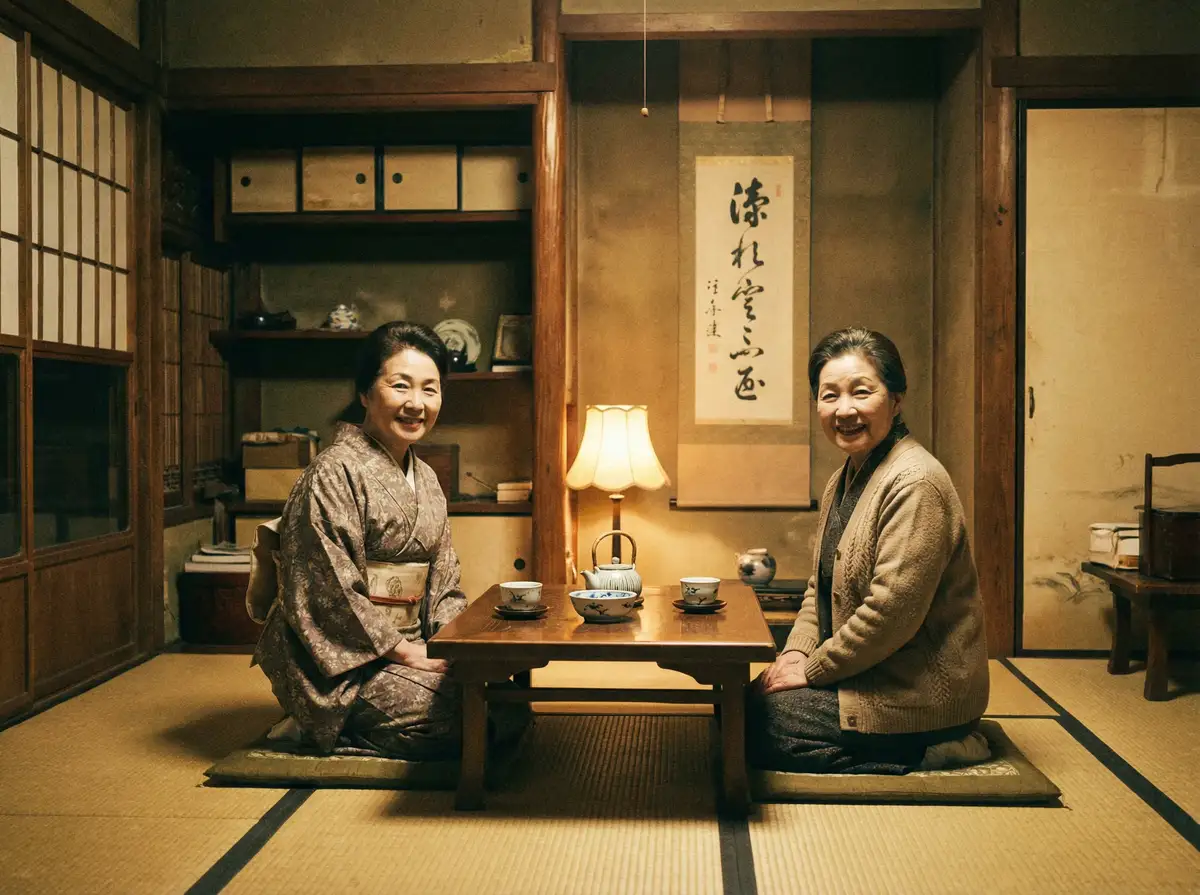 两位优雅的 年轻的母亲 在日式茶室中品茶交谈